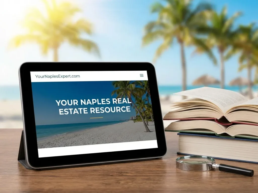 YourNaplesExpert.com shown on a tablet beside books on a beach table